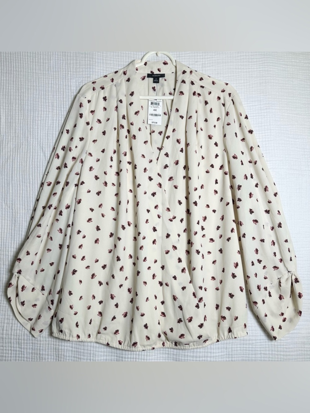 Alfani Womens 4X Floral Print Faux Wrap BLOUSE Elastic Waist Balloon Sleeve NWT